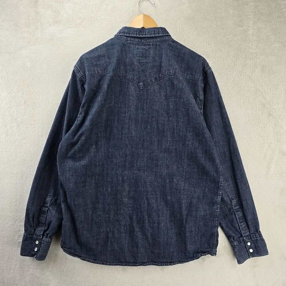 Levis Denim Pearl Snap Shirt Mens XL Blue Dark Wash Western Long Sleeve Pockets